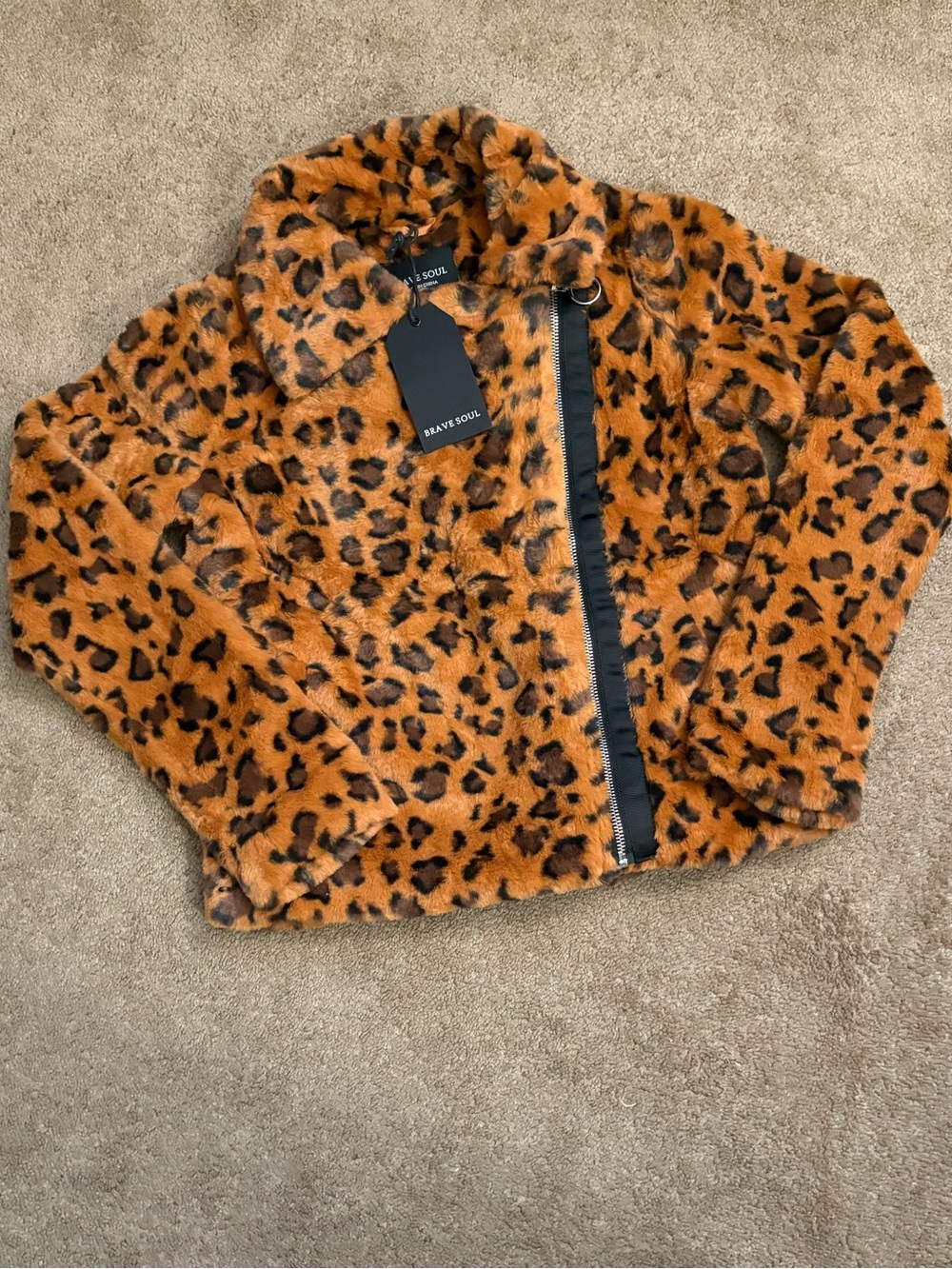 Brave Soul Women’s 4 Whispering Smith Cheetah Print Faux Fur Jacket Side Zip NEW